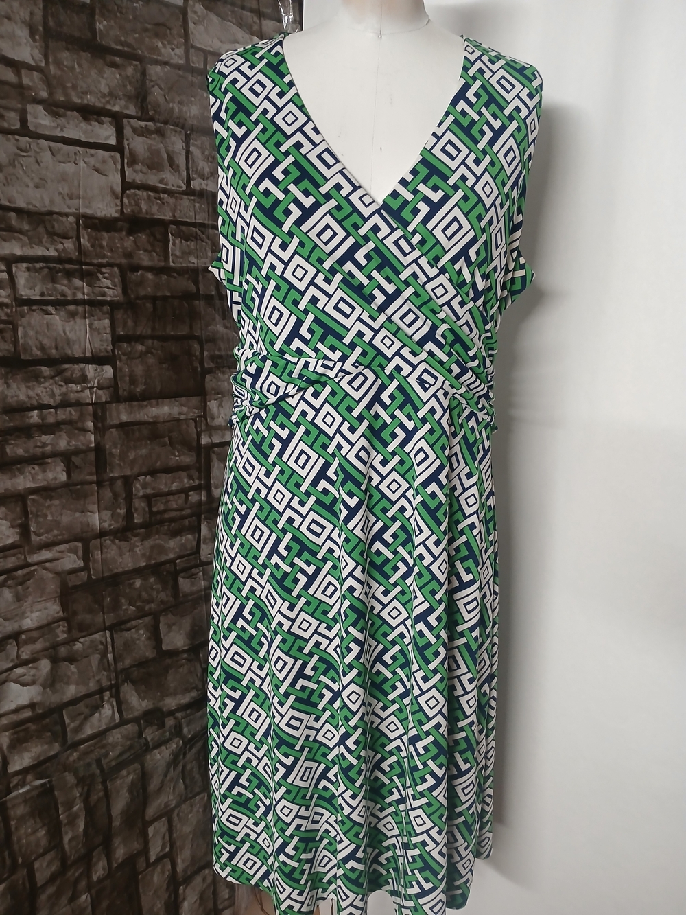 Lands' End Green, Navy & White Geometric Midi Dress Size XL